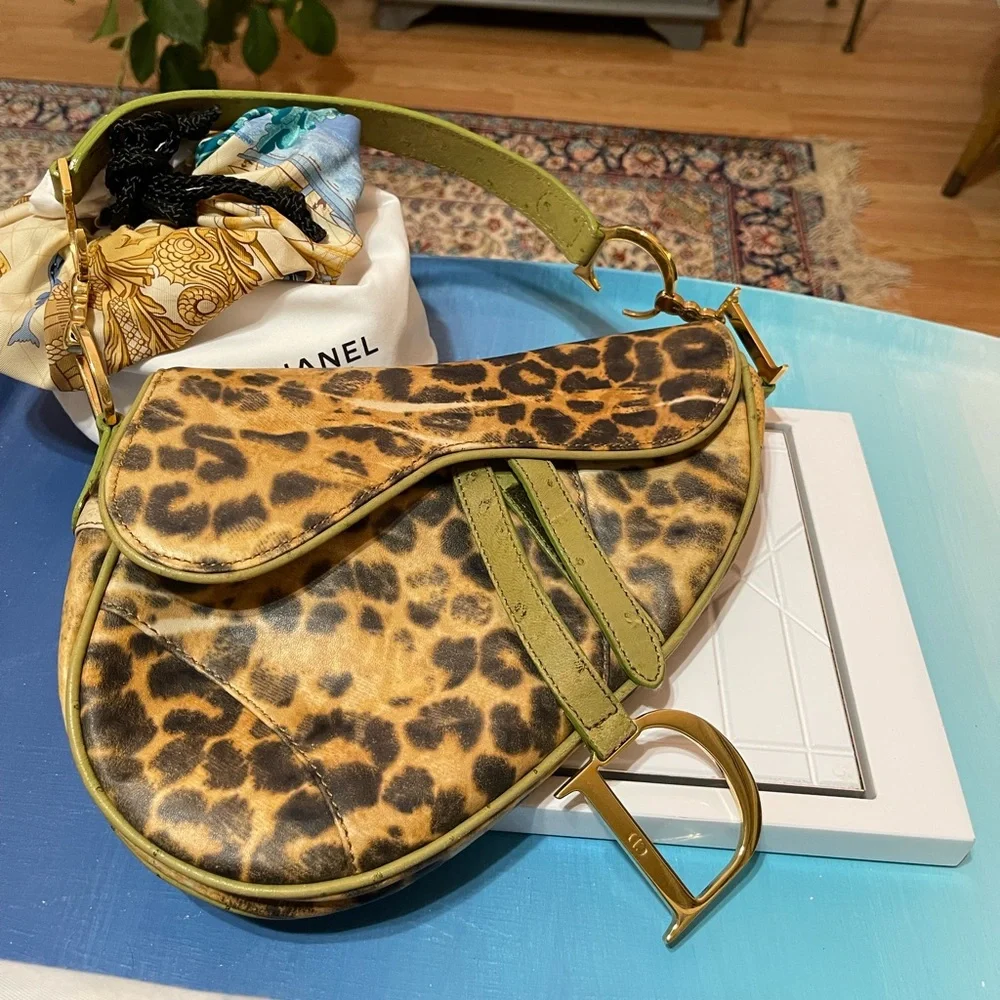 Dior Canvas & Ostrich Leather Leopard Print Saddle Bag - Picture 3 of 17